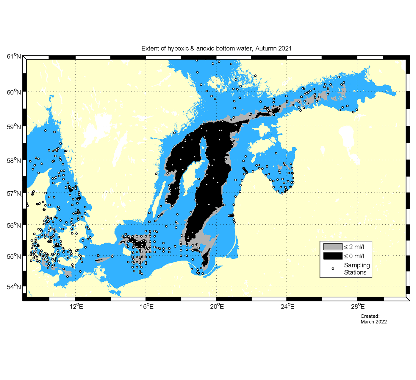 Syrefria bottnar i Östersjön. Karta.