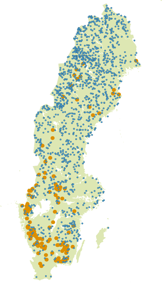 Karta som visar andel försurade sjöar i Sverige 