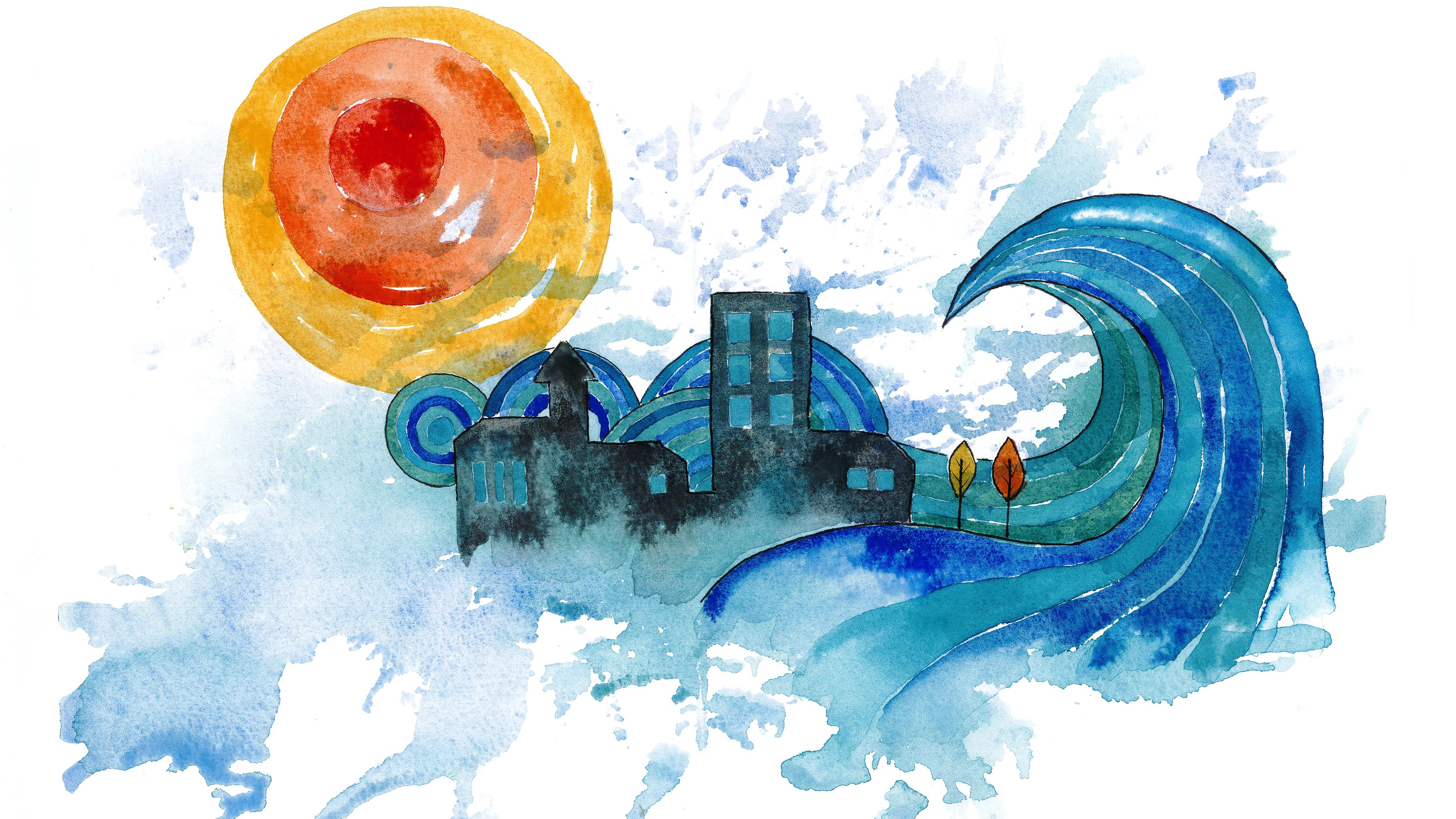 akvarellillustration av klimat, en stor våg och en sol