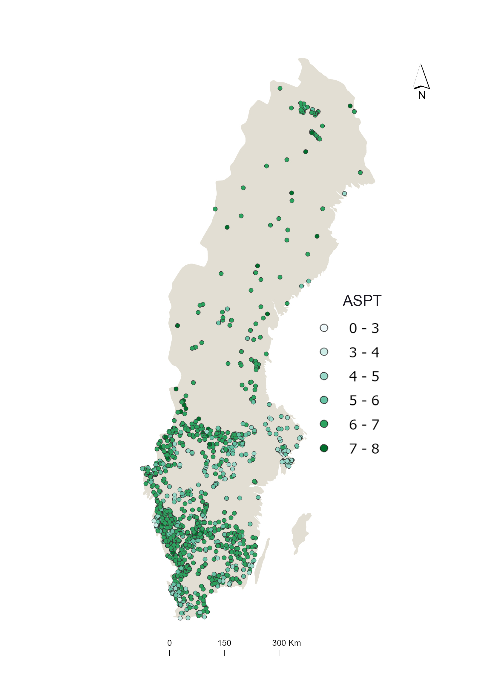 Karta som visar ASPT index vattendrag.