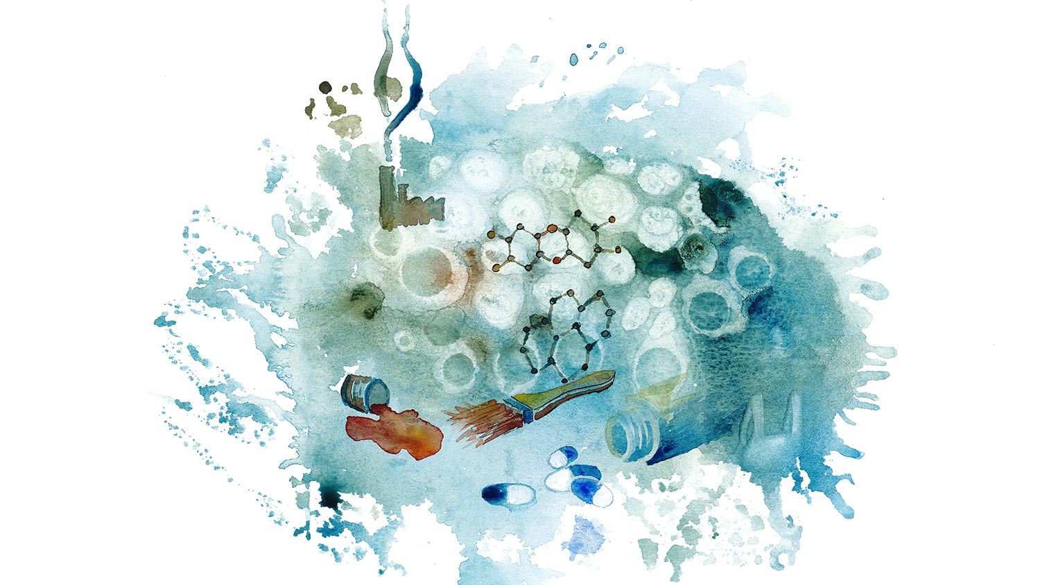 Målad bild som visar utsläpp av miljögifter i vattenmiljön.