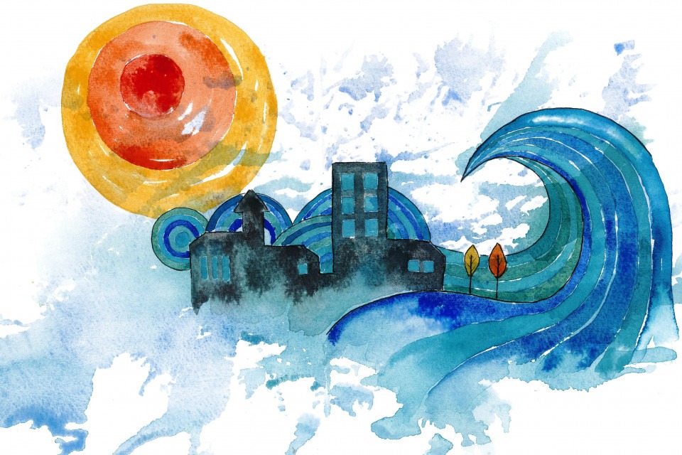 akvarellillustration av klimat, en stor våg och en sol