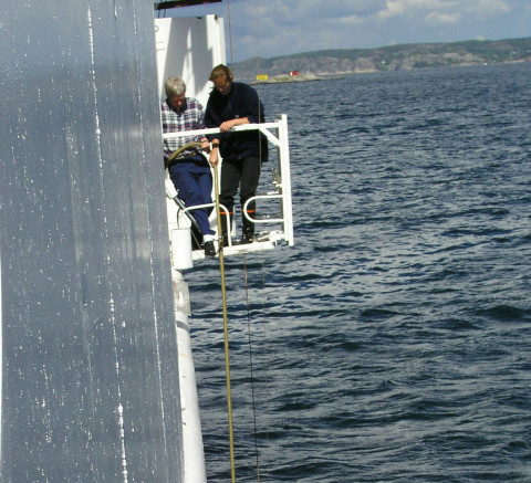 Växtplanktonprovtagning med slang från fartyg.