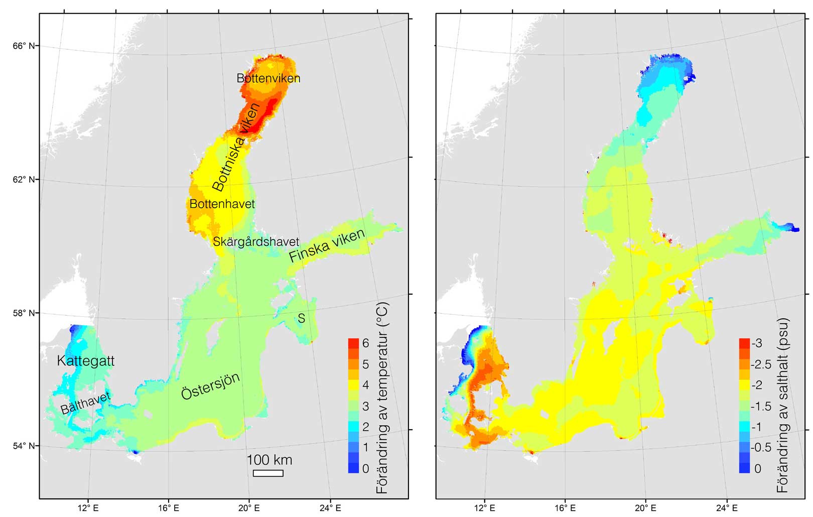 Kartor som visar modellerad förändring i svenska havs ytvattentemperatur och salthalt