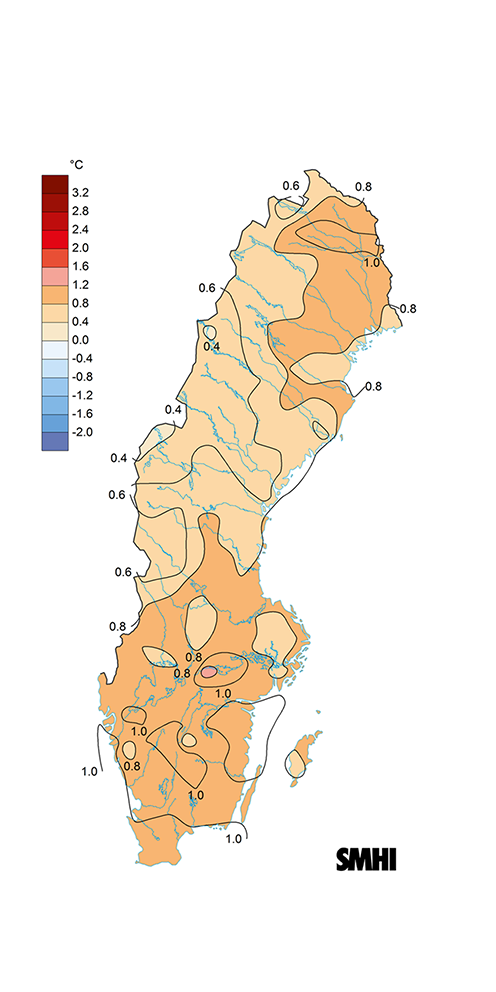 Karta som visar medeltemperaturens avvikelse väderåret 2022