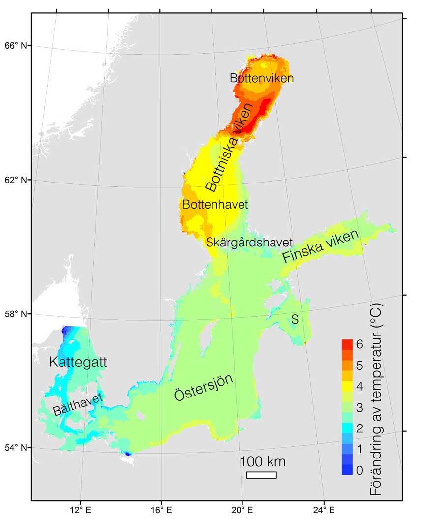 Modellerad förändring i svenska havs ytvattentemperatur
